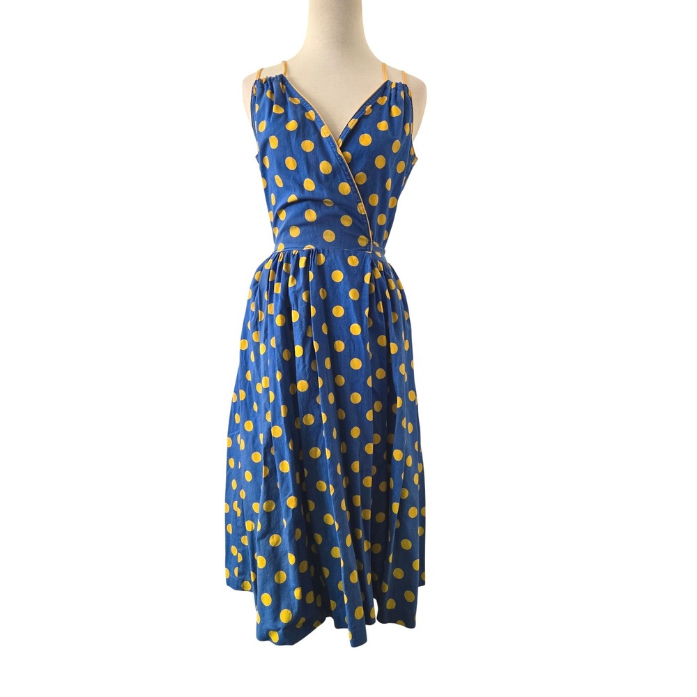 Vtg Louisa Blue Yellow Polka Dot Wrap Dress Midi Sleeveless Retro Rockabilly S